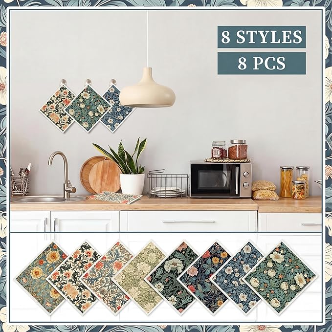 Tegeme 8 Pcs William Morris Swedish Dishcloth Kitchen Vintage Floral Dish Towels Blue Green Flower Kitchen Dish Cloth Washable Absorbent Cotton Towels for Spring Summer Housewarming Gift, 6.8 x 7.7''