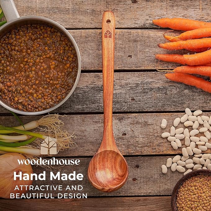 Wooden Ladle for Cooking, Soup Spoon Ladle – Teak Wooden Serving Spoon, 12.4″ Handle, Medium Scoop Size 2 oz – Eco Friendly, Natural and Sustainable
