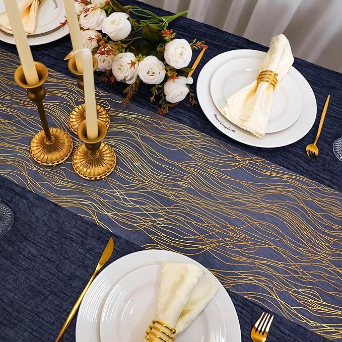 Snowkingdom 2pcs Gold Wave Table Runner, 11×108 Inch Golden Metallic Sparkle Lines Mesh Table Runners, Lightweight Gold Party Decorations for Mothers Day, Wedding, Birthday, Christmas, Party Dinner