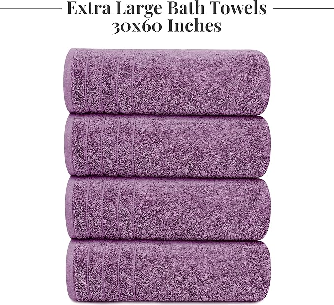 Tens Towels Pack of 4 Extra Large Bath Towels 30 x 60 Inches, 100% Cotton, Larger & Lighter Weight, Quicker to Dry, Super Soft and Absorbent, Perfect for Bathroom, Purple