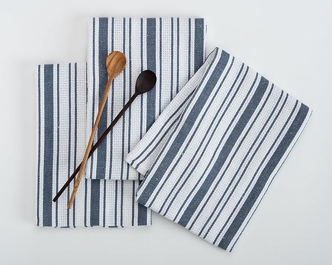 Kitchen Towels Set – Pack of 3 (20’’ x 30’’) Extra Large Premium Cotton Dish Towels for Kitchen – Basket Weave Towels – Absorbent – 100% Cotton – with Hanging Loop – Blue Grey