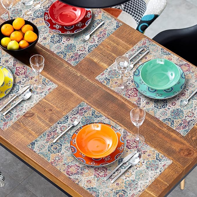 aportt Ethnic Boho Placemats Set of 4 Bohemian Carpet Vintage Rust Coral Floral Carpet Linen Washable Kitchen Dining Table Mats Stain Heat-Resistant Desktop Decor Place Mats 12x18 in