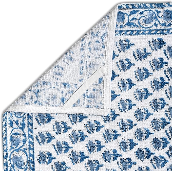 CPC Apatite Blue Hand Block Print Waffle Kitchen Towel Set of 3-16 x28 Ultra Absorbent Quick Dry Cotton Dish Towels Lightweight Reusable Sustainable Tea Towels for Cleaning and Drying