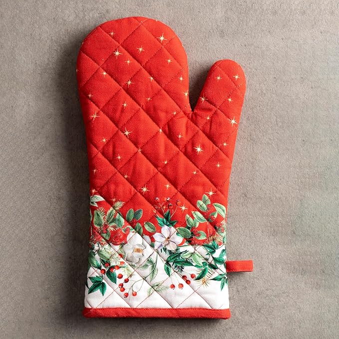 Maison d' Hermine Oven Gloves 100% Cotton Oven Mitt 7" x 13" with Loop Heat Resistant BBQ Cooking Gloves for Thanksgiving Christmas Decorations Baking Handling Hot Pans (Pack of 1, Noel)
