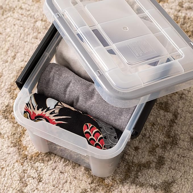 IRIS USA WeatherPro 6 Qt Storage Bins with Lids, 6 Pack, BPA-Free Plastic Gasket Box with Tight Latch and Seal, Stackable Nestable Tote Tub - Clear/Black
