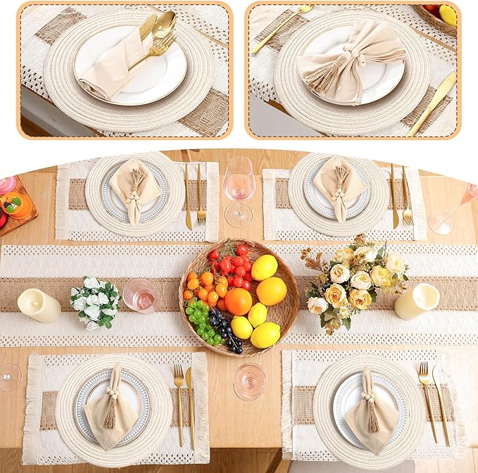 6 Sets Boho Place Mats Set Round Woven Placemats, Cloth Napkins, Wood Bead Napkin Rings, White Table Runner with Tassel and Farmhouse Rustic Placemats Cotton Burlap for Kitchen Table (Style 2)