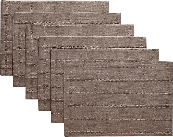 ZeeMart Linen Checked Placemats Set of 6, Plaid Embroidery Textured Table Mats, Double Layer Thick Farmhouse Rustic Place Mats for Kitchen Dining Table Home Decor, Cocoa Brown 13x19 Inch