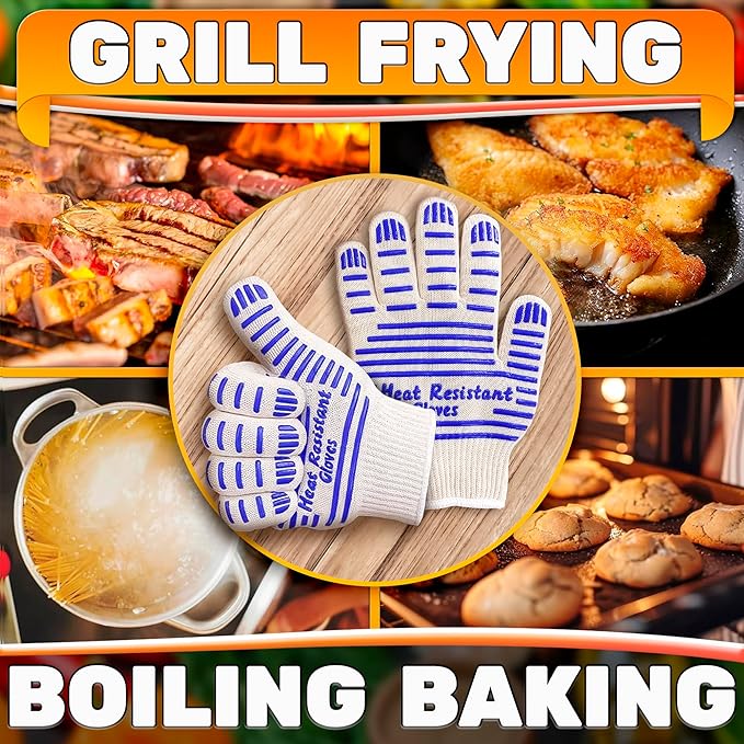 Heat Resistant Gloves - Aramid Oven Gloves with Fingers for Cooking & Grilling, Lightweight BBQ Gloves with Cotton Lining, Non-Slip 9.45x3.94 Kitchen Mitts for Baking & Frying, Kitchen Gift for Chefs