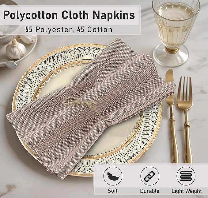 Ruvanti Cloth Napkins Set of 12, 18x18 Reusable Napkins Cloth Washable, Soft & Durable Table Napkin, Poly Cotton Fabric Dinner Napkins for Parties, Christmas, Thanksgiving, Weddings - Sand