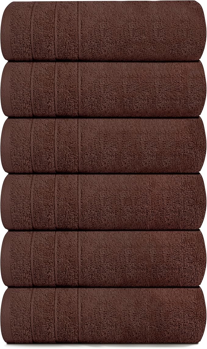 Tens Towels Pack of 6 Hand Towels, 100% Cotton, Lighter Weight, Quick to Dry, 16 x 28 Inches, Super Soft & Absorbent, Perfect for Bathroom & Kitchen (Brown)