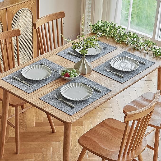 Softalker Faux Linen Placemats Set of 4-12 x 18 Inch, Heat Resistant Double Layered Durable Burlap Farmhouse Place Mats, Non-Slip Washable Rustic Table Mats for Dining, Kitchen, Party(Light Grey