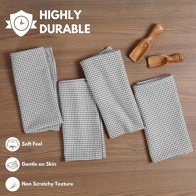 Cloth Napkin 100% Cotton 18"x18" Decorative Washable Table Houndstooth Check Napkins Set of 4 for Dining, Holidays, Buffet Parties & Wedding Use - Grey