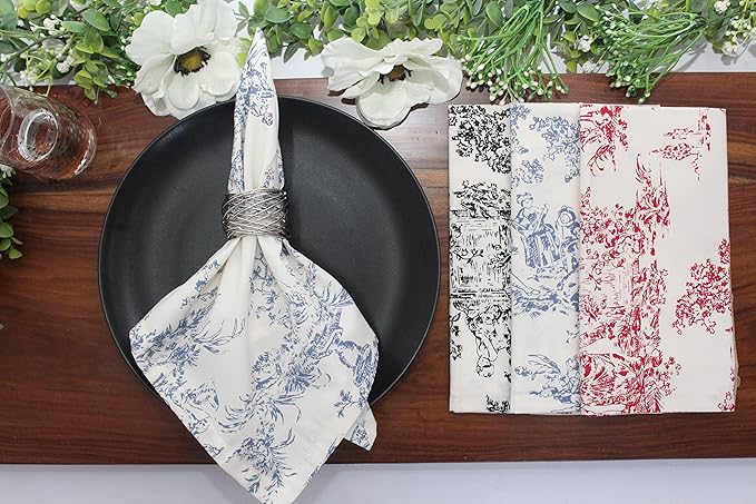 COTTON CRAFT Cloth Napkins - Set of 12-100% Cotton Reusable Country French Toile Dinner Napkin - Everyday Spring Summer Fall Christmas Holiday Party Gift - Soft Absorbent Serviette -18x18 - Blue