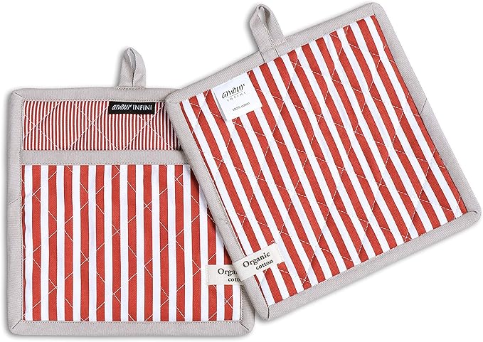 AMOUR INFINI Striped Pot Holders and Oven Mitts Heat Resistant Non Slip Reusable Set of 1 Oven Mitt and 1 Pot Holder Oven Gloves Pot Holder for Cooking (Rust)