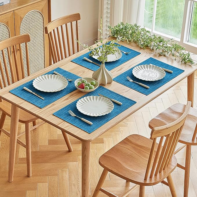 Softalker Faux Linen Placemats Set of 8-12 x 18 Inch, Heat Resistant Double Layered Durable Burlap Farmhouse Place Mats, Non-Slip Washable Rustic Table Mats for Dining, Kitchen, Party(Sky Blue