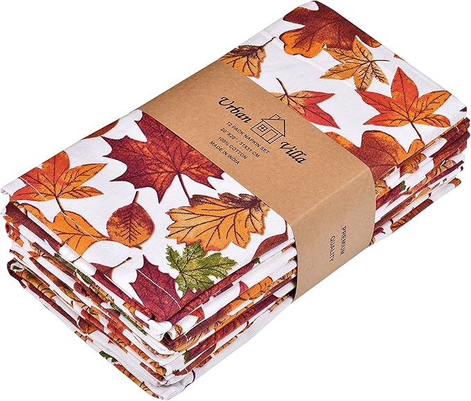 Urban Villa Cloth Napkins Set of 12 (20x20)100% Cotton Napkins Cloth Washable Durable Reusable Absorbent Table Dinner Napkins Cloth for Farmhouse Party Hotel Lunch Restaurant Everyday Use-Leaves Print