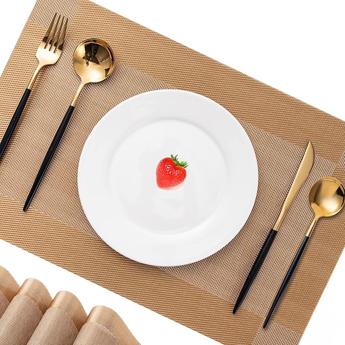 CADONO Placemats Set of 6 Washable Indoor/Outdoor Vinyl Place Mats for Dining Table Durable Non-Slip Heat Resistant PVC Weave Table Mats(Gold Cube)