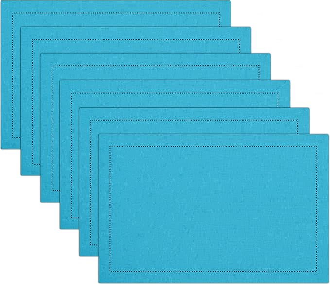 Ruvanti Linen Placemats Set of 6-13x19 Inch, Classic Hemstitch, Heat Resistant Machine Washable Place Mats, Soft & Elegant- Perfect for Christmas, Thanksgiving, Easter, Weddings, Dinner - Blue