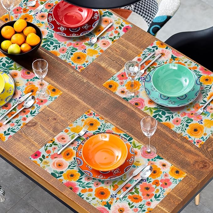 Watercolor Flower Printed Placemat Set of 4 Decoration Linen Place Mat for Home Dining Table Indoor Outdoor