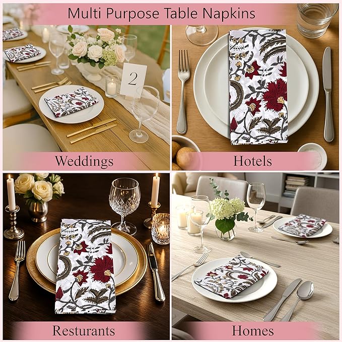 Ridhi Prune Red Hand Block Print 100% Cotton Napkins 18" x 18" (Set of 4) Reuseable Kitchen Napkins Cloth Decor Dinner Party Wedding Cocktail Gift for Spring, Easter