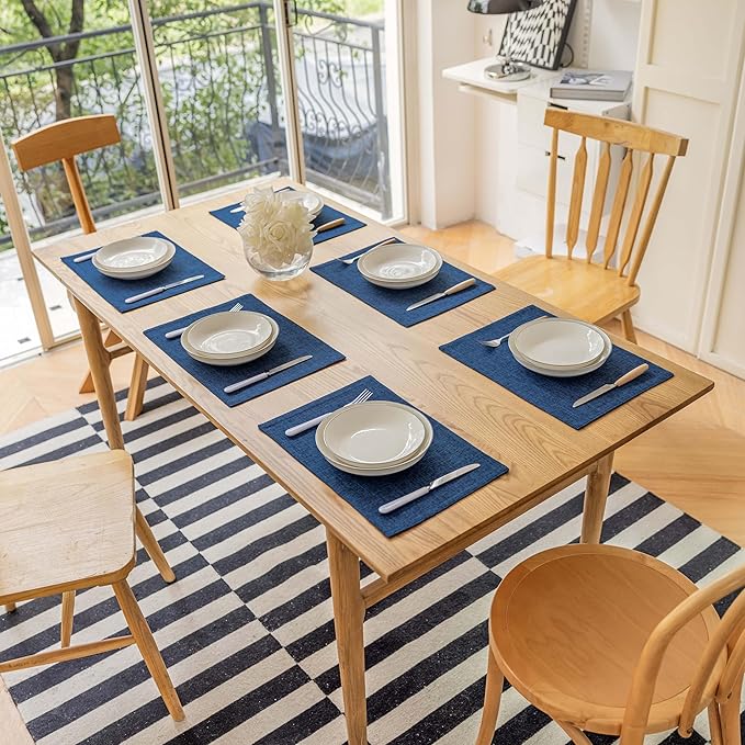 Demetex Navy Blue Place Mats Set of 8 Modern Wipeable Placemats Heat Resistant Table Mats for Holiday Picnic Dinner, 13x19 inch, Navy Blue