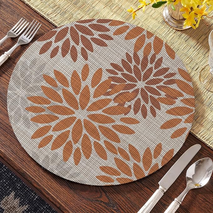 Artoid Mode Orange Dahlia Plastic Round Placemats Set of 4, 14 Inch Seasonal Wipeable Woven Vinyl Table Mats for Farmhouse Party Kitchen Dining Decor