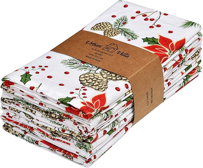 Urban Villa Cloth Napkins Set of 12(20x20)100% Cotton Dinner Napkins Cloth Washable Soft Durable Reusable Absorbent Napkins Ideal for Farmhouse Parties Hotel Lunch Restaurant Dinner Napkins-Pine Cone