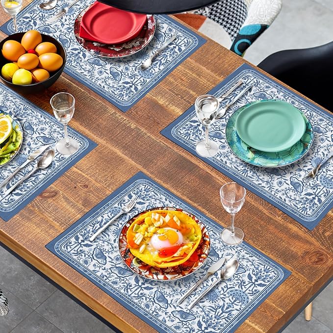 Blue Floral Boho Placemats Set of 4, 12x18 Inch Vintage Chinoiserie Block Print Place Mats Seasonal Spring Summer Rustic Farmhouse Table Mats for Party Kitchen Dining Outdoor Indoor Decor