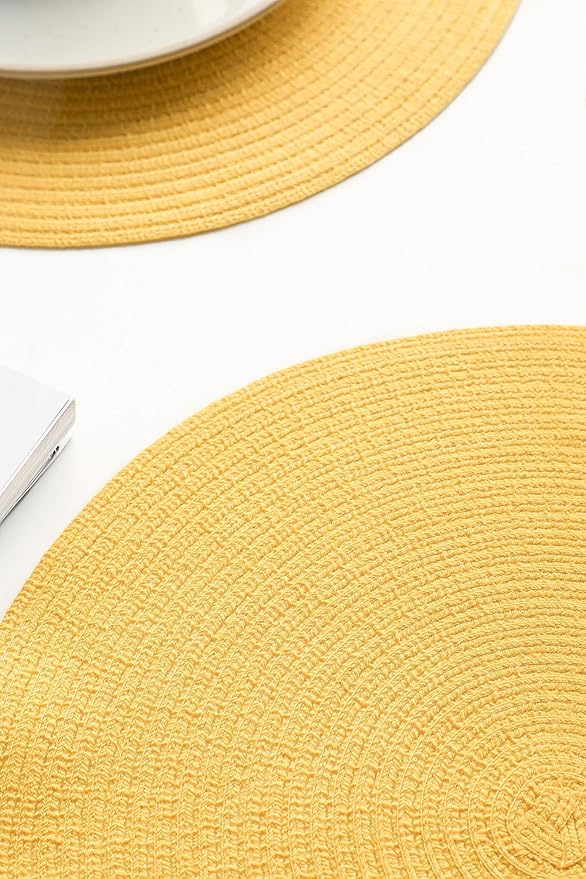 Floroom 15 Inch Round Braided Placemats Set of 4, Washable Heat Resistant Cotton Polyester Circle Place Mats for Kitchen Dining Table - Yellow