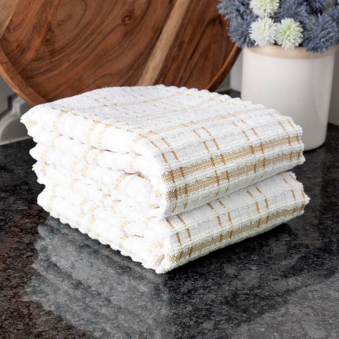 Ritz Royale Collection 100% Combed Terry Cotton, Highly Absorbent, Oversized Kitchen Towel Set, 28" x 18", 2-Pack, Checked, Straw