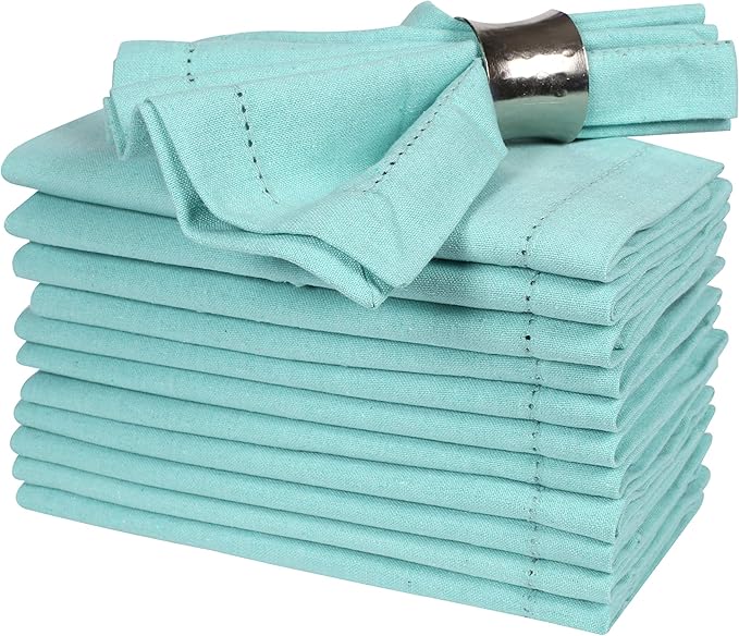 Homidate Cotton Cloth Dinner Napkins Set of 12 – 18x18 Aqua with Hemstitched Mitered Corners – Reusable Machine Washable Napkins for Weddings, Parties & Table Decorations