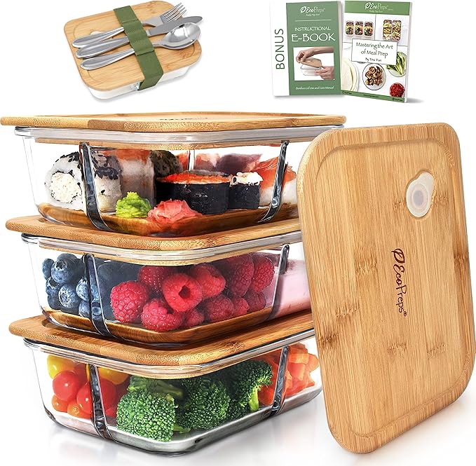 EcoPreps Glass Bento Box Containers with Bamboo Lids, 3 Compartment Glass Meal Prep Containers (3 Pack) - 100% Plastic Free, Eco-Friendly Lunch Container Set, Bamboo Lid Bento Boxes for Adults