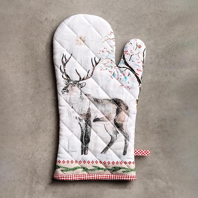 Maison d' Hermine Oven Gloves 100% Cotton Oven Mitt 7" x 13" with Loop Heat Resistant BBQ Cooking Gloves for Thanksgiving Christmas Decorations Baking Handling Hot Pans (Pack of 1, Rural Christmas)
