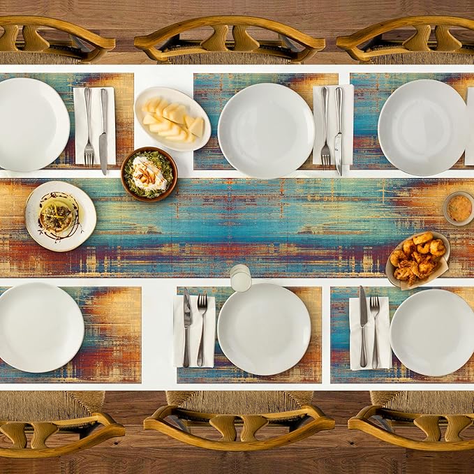 Blue and Orange Table Runner and Placemats Set of 6 Farmhouse Washable Linen Place Mats Rustic Abstract Art Table Decor for Kitchen Dining Coffee Outdoor Party (Orange and Blue, 13"x71"+12"x18")