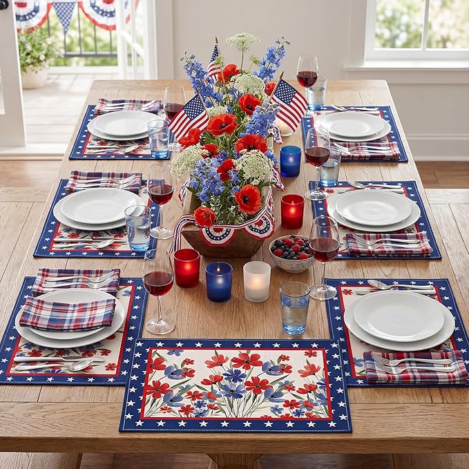 Patriotic Red White Blue Floral Placemats, USA 250th Anniversary 1776-2026 Independence Day Placemats, Watercolor Floral Patriotic Table Mats for 4th of July Memorial Day Party Decor, Set of 6