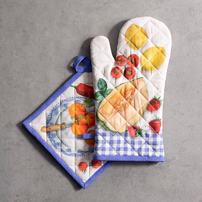 Maison d' Hermine 100% Cotton Oven Mitt & Pot Holder Set (7.5"x13" & 8"x8") Heat Resistant BBQ Cooking Gloves with Loop Baking Grilling Kitchen Gifts for Mothers Day Spring/Summer (Gourmand)