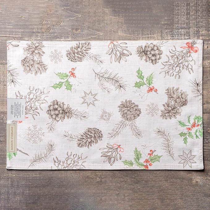 Maison d' Hermine Placemats Set of 4 100% Cotton Washable Cloth Place Mats, Reusable Table Mats for Thanksgiving Christmas Decorations Kitchen Dining Party Wedding (Christmas Dew, 13" x 19")