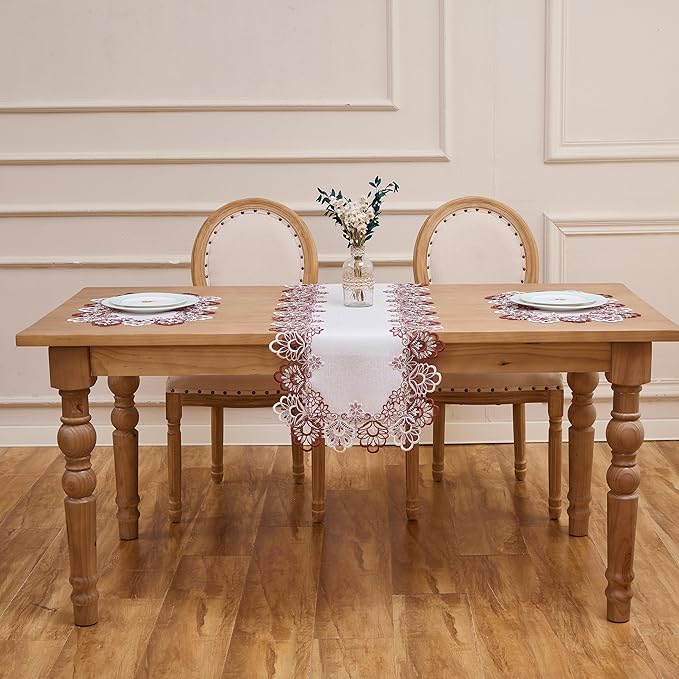 White Red Linen Placemats 14”x20” Set of 2, Neutral Lace Coffee Table Topper Dresser Scarf Place Mats (Set of 2, Red)