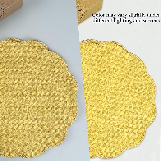 AHHFSMEI Round Faux Linen Placemats Set of 4 Heat Resistant Non-Slip Stain Proof Table Mats for Kitchen Dining Elegant Decor Place Mats (Yellow,4)