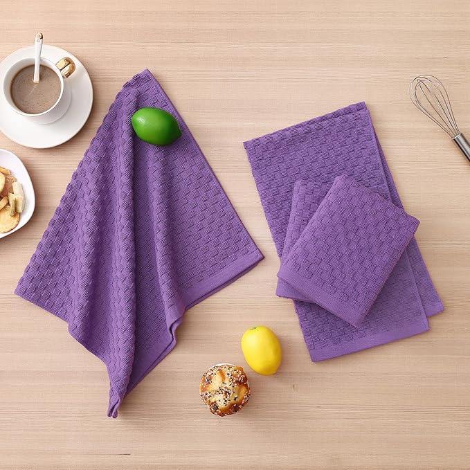 Homaxy 100% Cotton Kitchen Towels and Dishcloths Set, 12 x 12 & 15 x 25 Inches, Set of 8 Bulk Terry Cloth Dish Towels, Super Soft and Absorbent Hand Towel with Hanging Loop, Purple