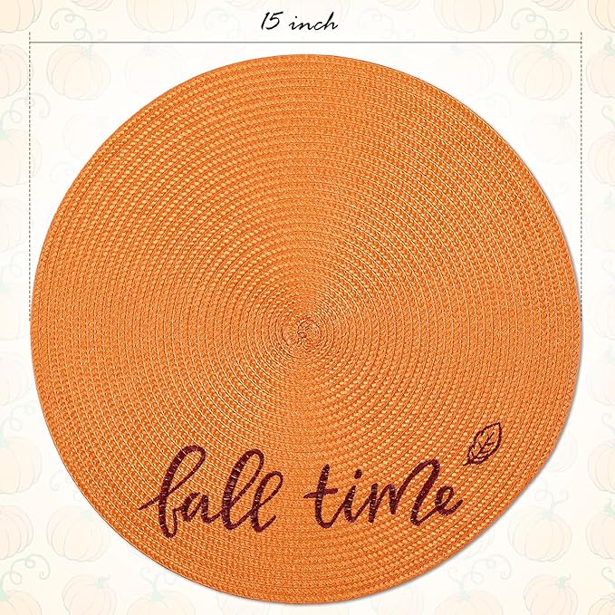 FunWheat Round Placemats Set of 6 Table Mats for Thanksgiving Tables Washable Non-Slip Place mats 15 Inch for Fall(Orange Fall,6pcs)