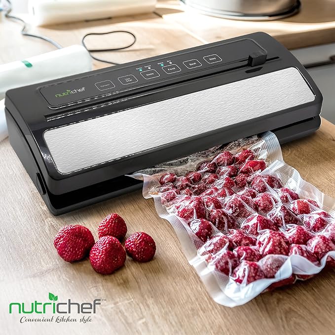 NutriChef Vacuum Sealer for Food - Automatic Electric Air Sealing Preserver System with Gentle and Normal Modes, Roll Cutter, Reusable Bags, Meal Prep Storage, Suitable for Dry/Moist Foods