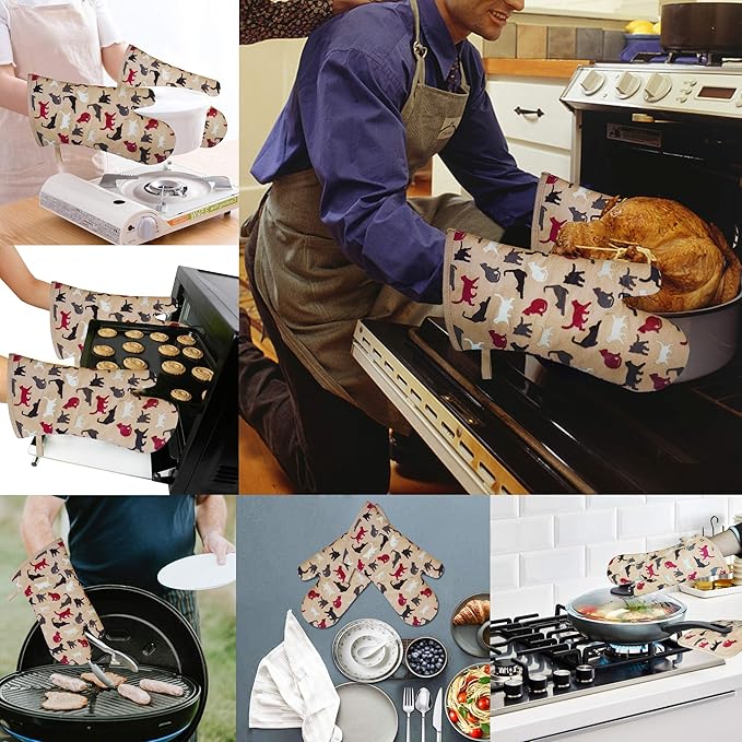 RED LMLDETA Oven Mitts Gloves 1 Pair Heat Resistant 480 ℉ Non Slip Clear Silicone Printed Comfortable Cotton Lining Kitchen Women Men Cooking Barbecue Microwave Machine Washable (Cat, Khaki Mittens)