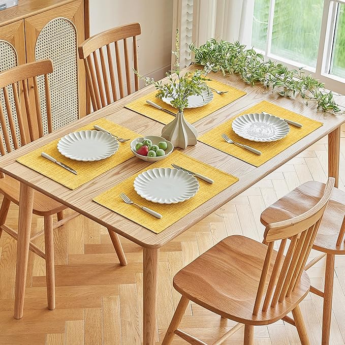 Softalker Faux Linen Placemats Set of 8-12 x 18 Inch, Heat Resistant Double Layered Durable Burlap Farmhouse Place Mats, Non-Slip Washable Rustic Table Mats for Dining, Kitchen, Party(Yellow