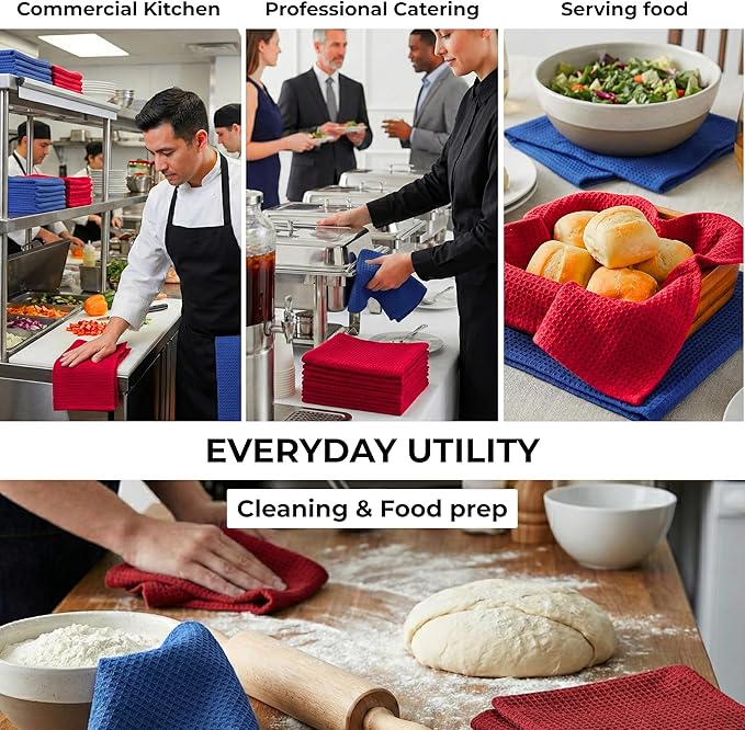 Highly Absorbent Cotton Dish Towels for Drying - Set of 3+3 - Royal Blue + Red Kitchen Towels - 18"X28" Lint Free Waffle Weave Cloth Linen Hand Bathroom Bulk Dishtowels