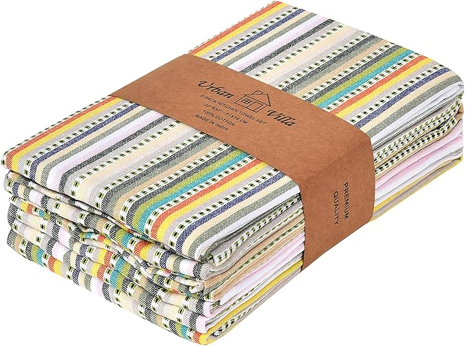 Urban Villa Kitchen Towels 100% Cotton Dish Towels for Kitchen(Set of 6)20”x30” Dish Cloths Highly Absorbent Kitchen Linen Set with Hanging Loop Perfect for Drying Dishes Cleaning Towels-Beige Stripes