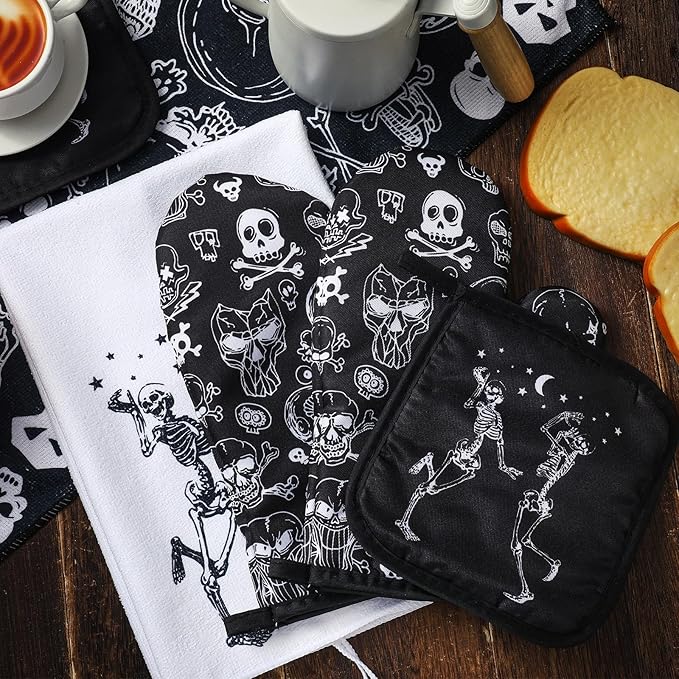 Leinuosen 6 Pcs Skull Kitchen Decor Set Kitchen Towels Gothic Oven Mitts and Pot Holders Skeleton Hand Dish Towels Horror Oven Mitts for Home Decoration Party Gifts (Classic Color,Skull)