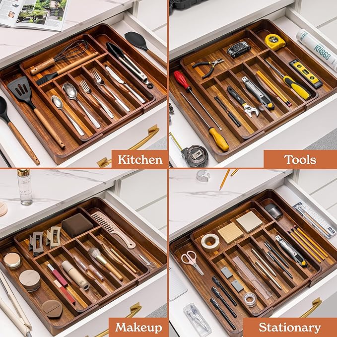 SMIRLY Silverware Drawer Organizer – Acacia Kitchen Drawer Organizer, Adjustable Utensil Holder and Cutlery Tray, Drawer Dividers for Flatware and Kitchen Utensils