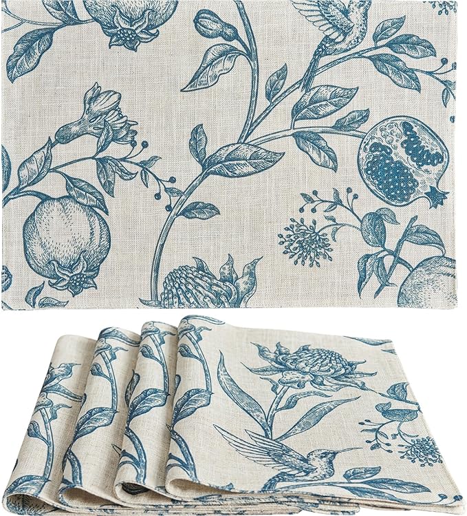 JINCHAN Linen Floral Placemats Set of Cloth Table Mats Rustic Cottagecore Botanical Outdoor Seasonal for Kitchen Dining Decor Heat Resistant Non-Slip Washable Tablemats 13x19 Inch Blue