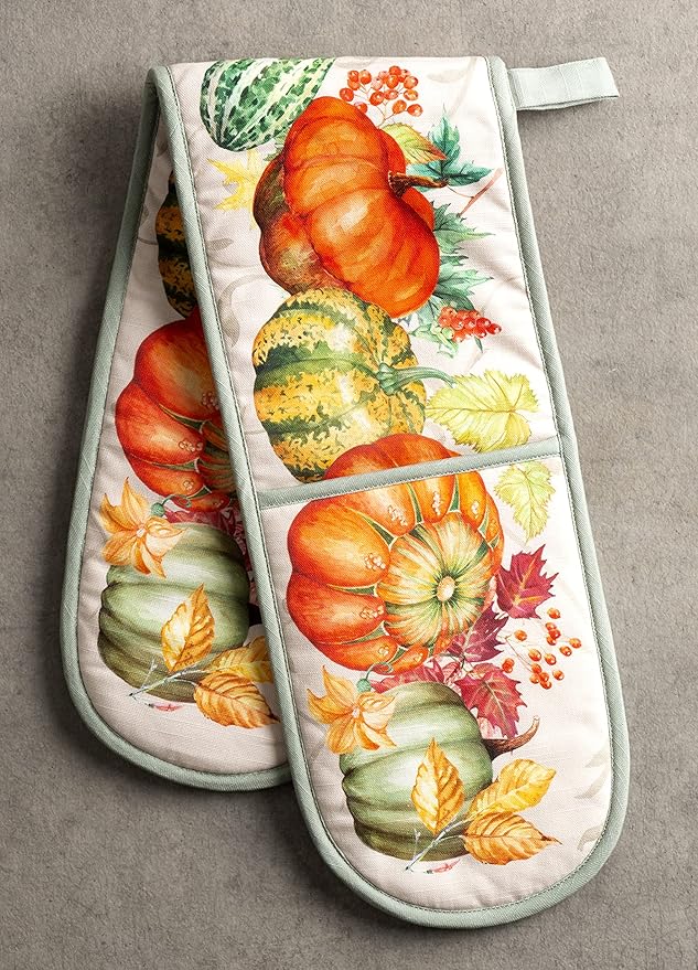 Maison d' Hermine Double Oven Mitt (7" x 35") 100% Cotton Heat Resistant BBQ Cooking Gloves with Loop for Thanksgiving Christmas Decorations Baking Cooking Barbeque Handling Hot Pan (Lumina)